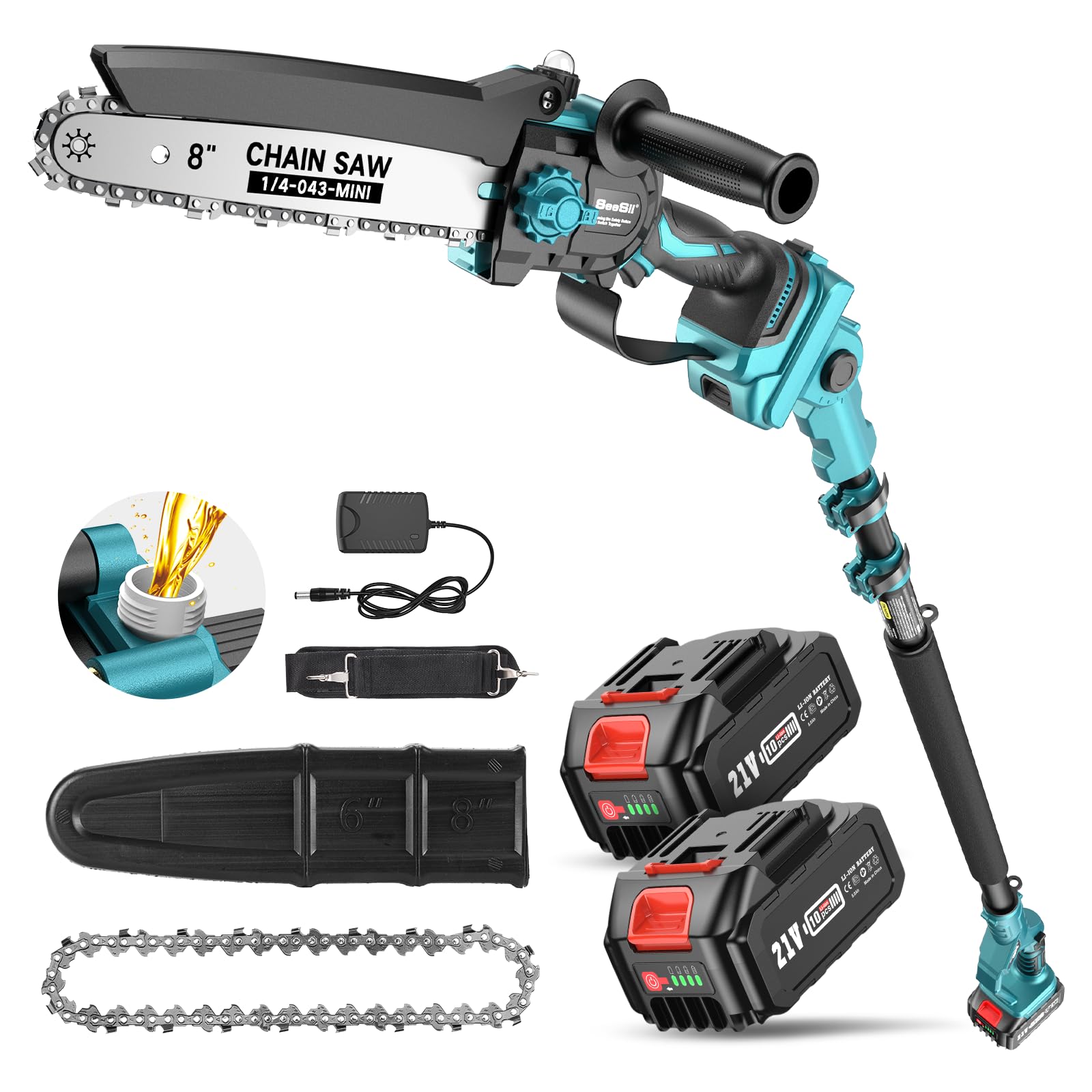 SEESII 2-in-1 Cordless Pole Saw & Mini Chainsaw, 8-inch Electric Saws Brushless with 2 x 4.0Ah Battery, 16-Foot MAX, Chain Saw with Extension Pole for Wood Cutting Trimming Branch (PS810)