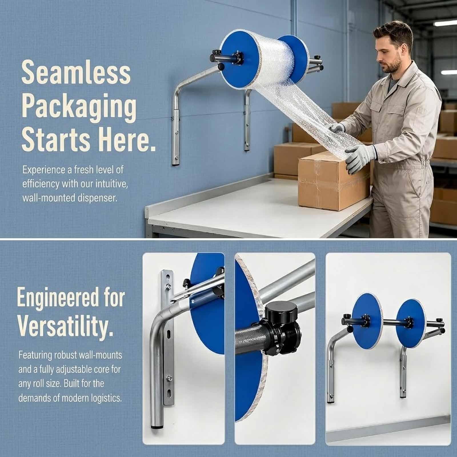 Distributeur Mural De Film À Bulles, Support De Rouleau De 40 Cm (15,7 Pouces) Avec Fixation Stable Et Sans Vibrations, En Acier Épais, Fermeture Flexible, Idéal Pour Lemballage, Le Déménagement,