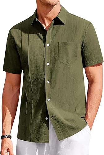 Ryannology Mens Guayabera Shirts Linen Short Sleeve Button Down Casual Beach Cuban Camp Mexican Shirt for Men Khaki