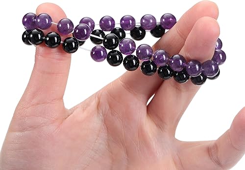 Miniatura 4 de Jovivi 2 pulseras elásticas de piedra curativa de obsidiana negra y amatista de 0.315 pulgadas, hechas a mano, piedras preciosas redondas naturales,