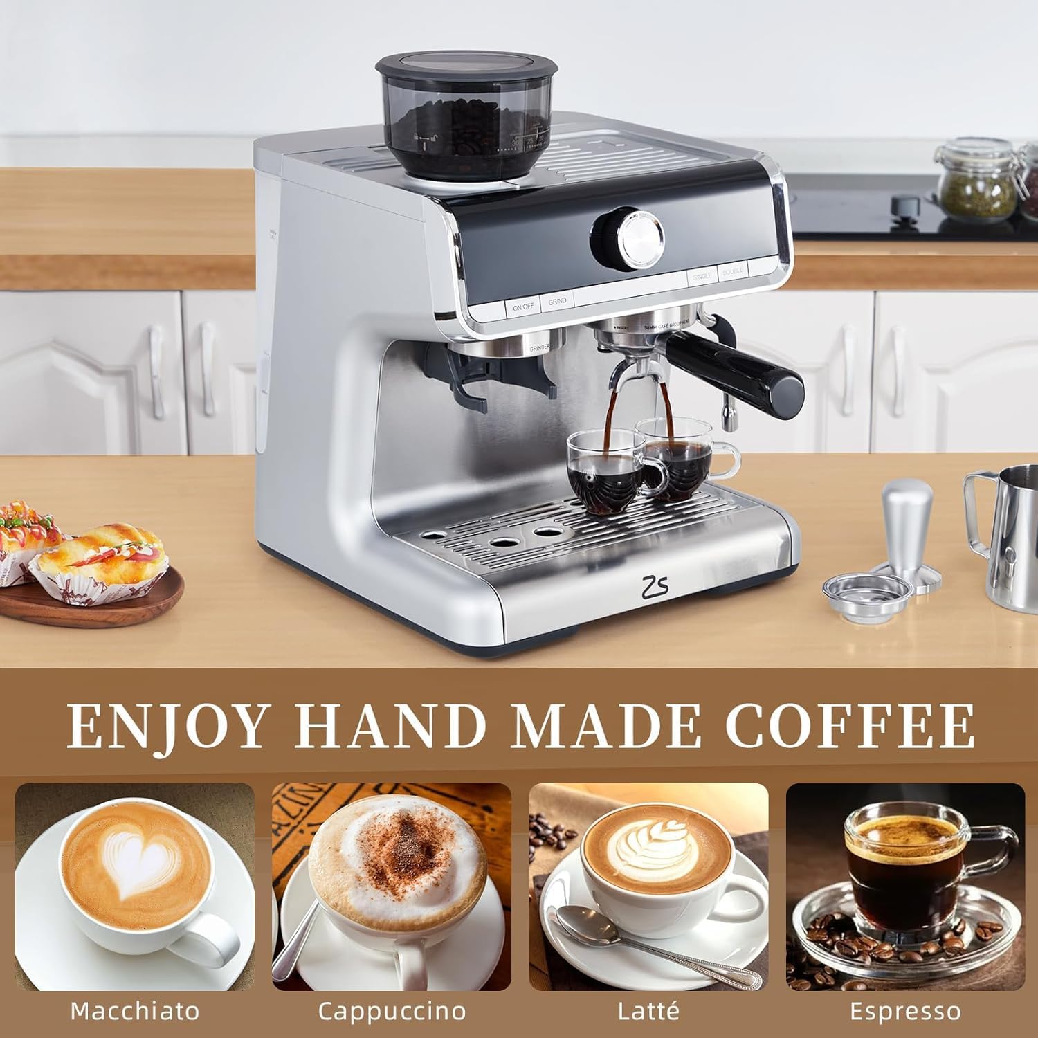 Espresso Machines with grinder, 20 Bar Professional Espresso Maker with Milk Frother & 95 oz Removable Water Tank for Latte and Cappuccino, Espresso Coffee Maker for Home, Stainless Steel