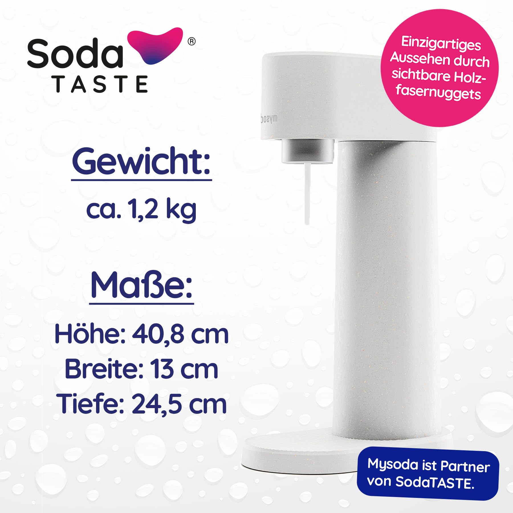 Sparpaket: Mysoda Woody - Wassersprudler aus erneuerbarem Holzkomposit mit 1L BPA-freier Plastikflasche, CO2-Zylinder Classic + CO2-Zylinder Apfel (Weiß)