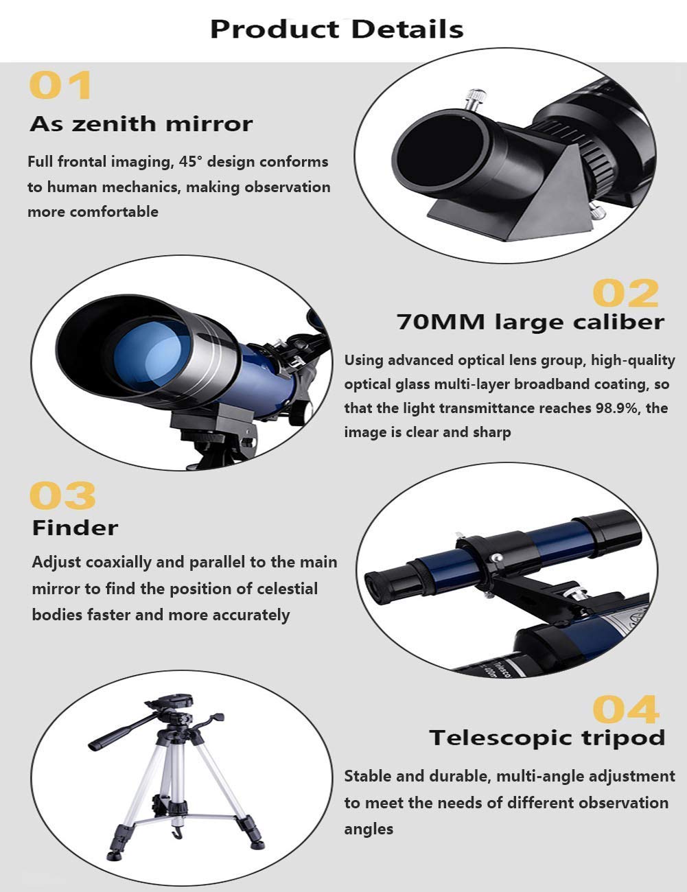 Télescope astronomique réfracteur Ultra HD, Bleu, 400/70 mm, avec trépied réglable et Adaptateur pour Smartphone, télescope Portable HD pour Adultes débutants, Double Le Confort