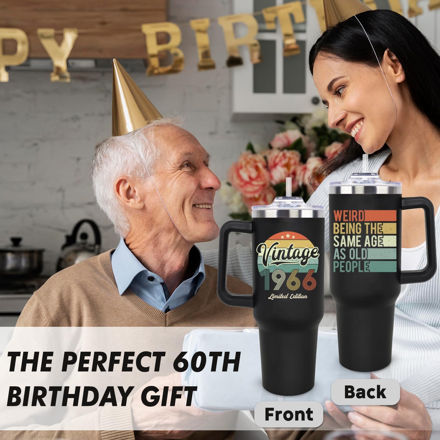 LHSCVUFASC 60th Birthday Gifts for Men Women, Vintage 1966 60th Birthday Decorations for Him Her, Turning 60 Year Old Gifts Ideas for Man, Woman, Mom, Dad, Wife, Husband - 40 Oz Tumbler Cup - Image 2