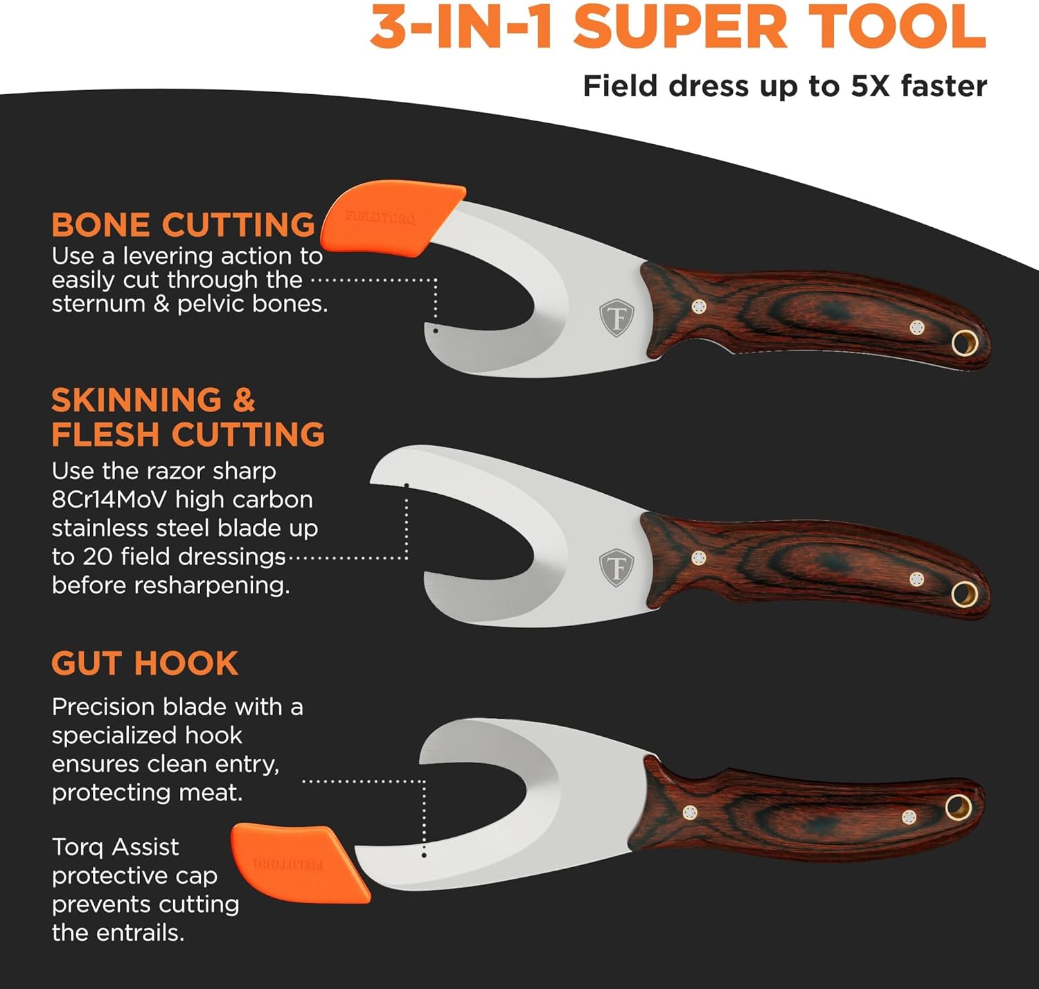 Field Dressing Kit | 3-in-1 Super Tool with Sheath & Sharpener | Skinning Knife for Hunting | Gut Hook | Deer Hunting Knife Set | Pakkawood