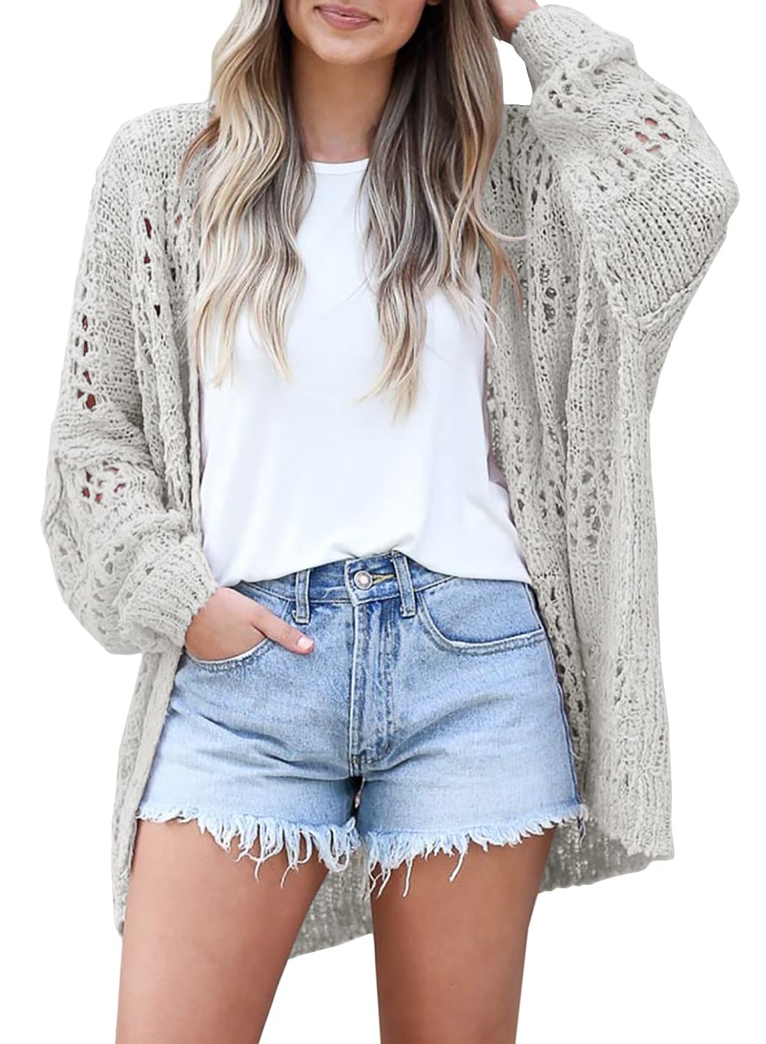 Mafulus Women's Crochet Cardigan Kimono Boho Long Sleeve Lightweight Soft Oversized Open Front Knitted Sweater