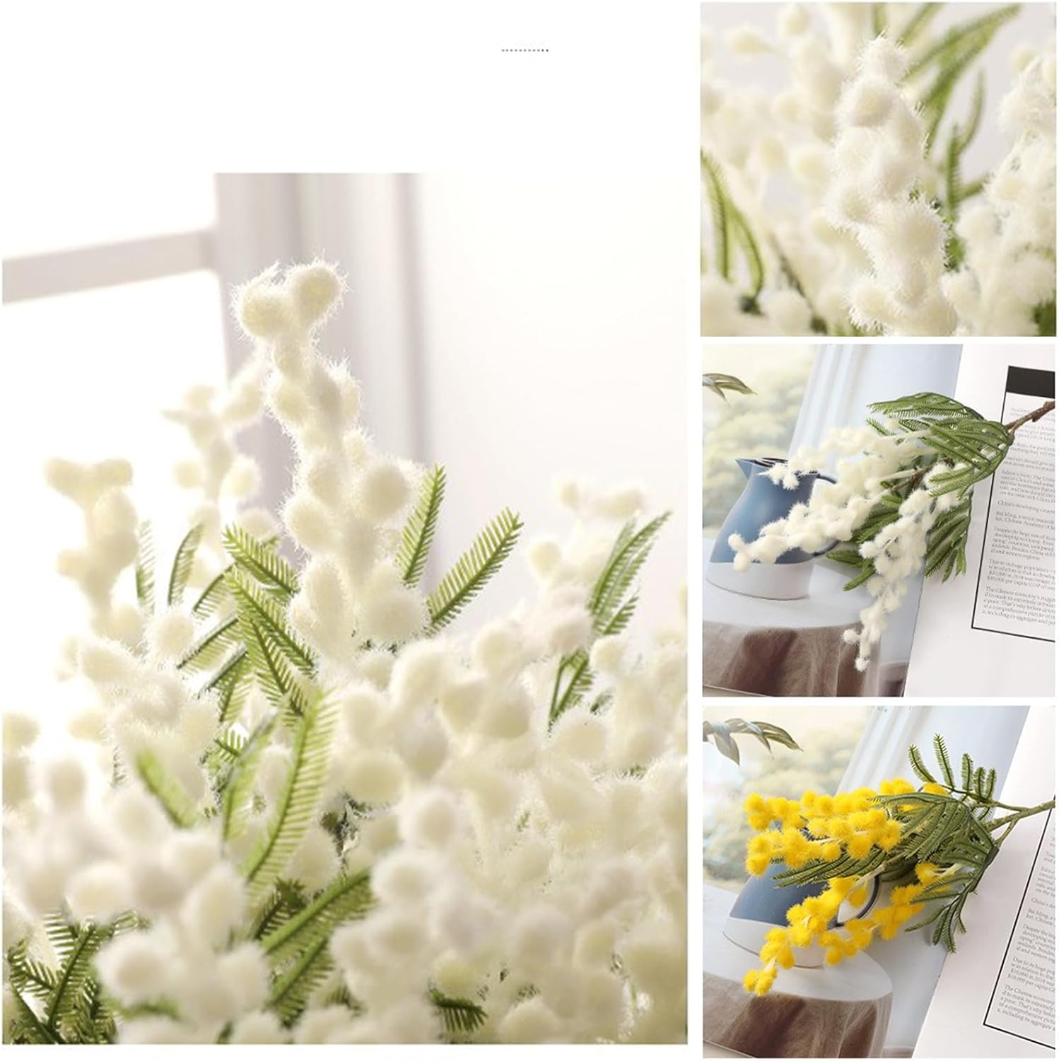 6 Pcs Artificial Acacia Flowers Plants 15 Inch Faux Mimosa Flower Branches Simulation White Yellow Mimosa Plush Stems for Home Garden Party Wedding Decoration(White)