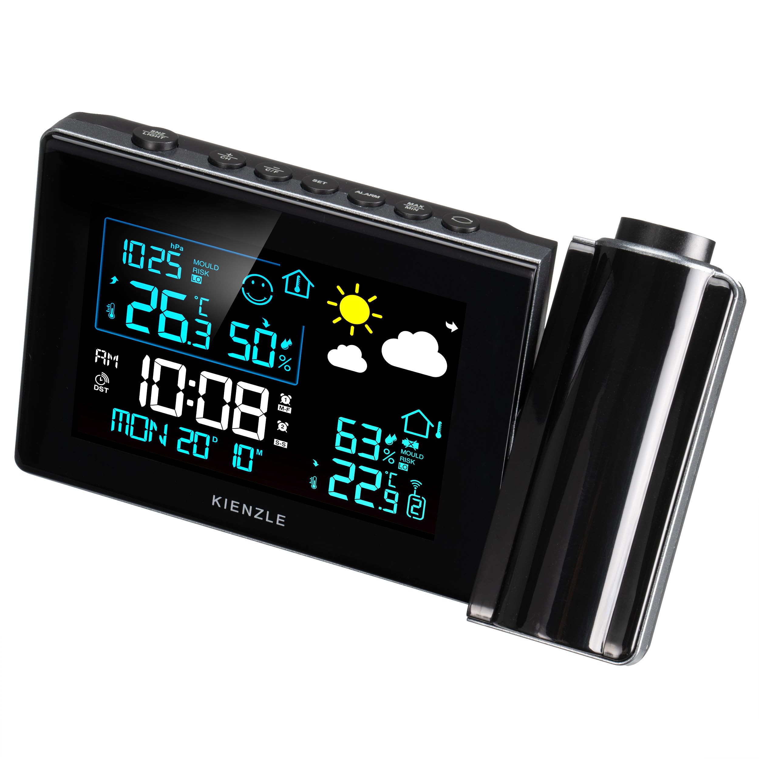 Stazione meteo radiocontrollata Kienzle con proiezione, display a colori, sensore esterno, allarme muffa, 2 sveglie