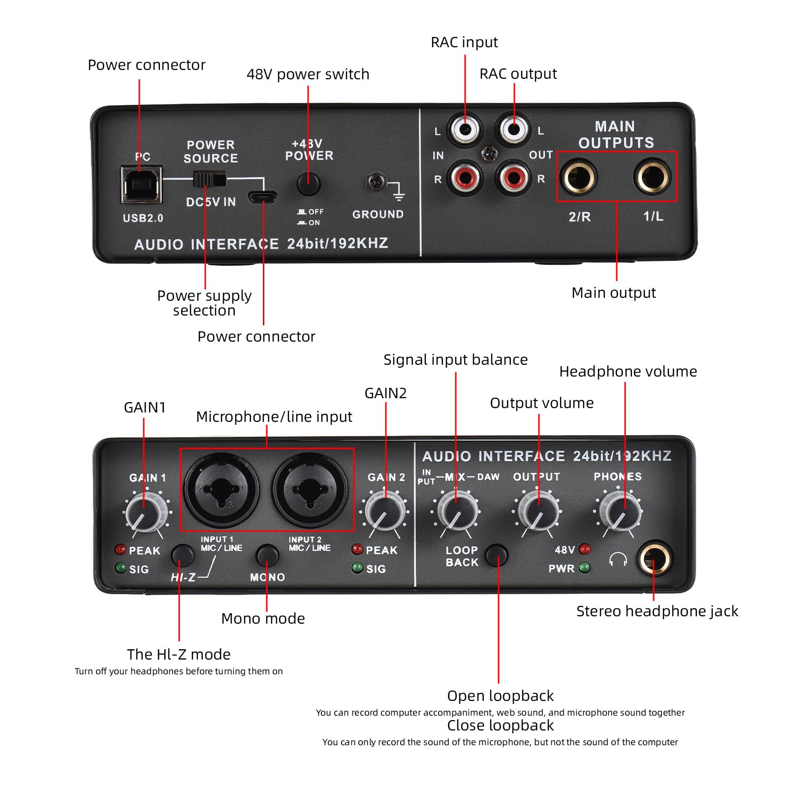 CHICIRIS Interfaz de USB, Entrada de Sonido de Grabación de Micrófono de 192 KHz de 24 Bits, XLR/TRS, Condenser Instrument Micrófono de Grabación con 48V Phantom Power para Música, Transmisión en