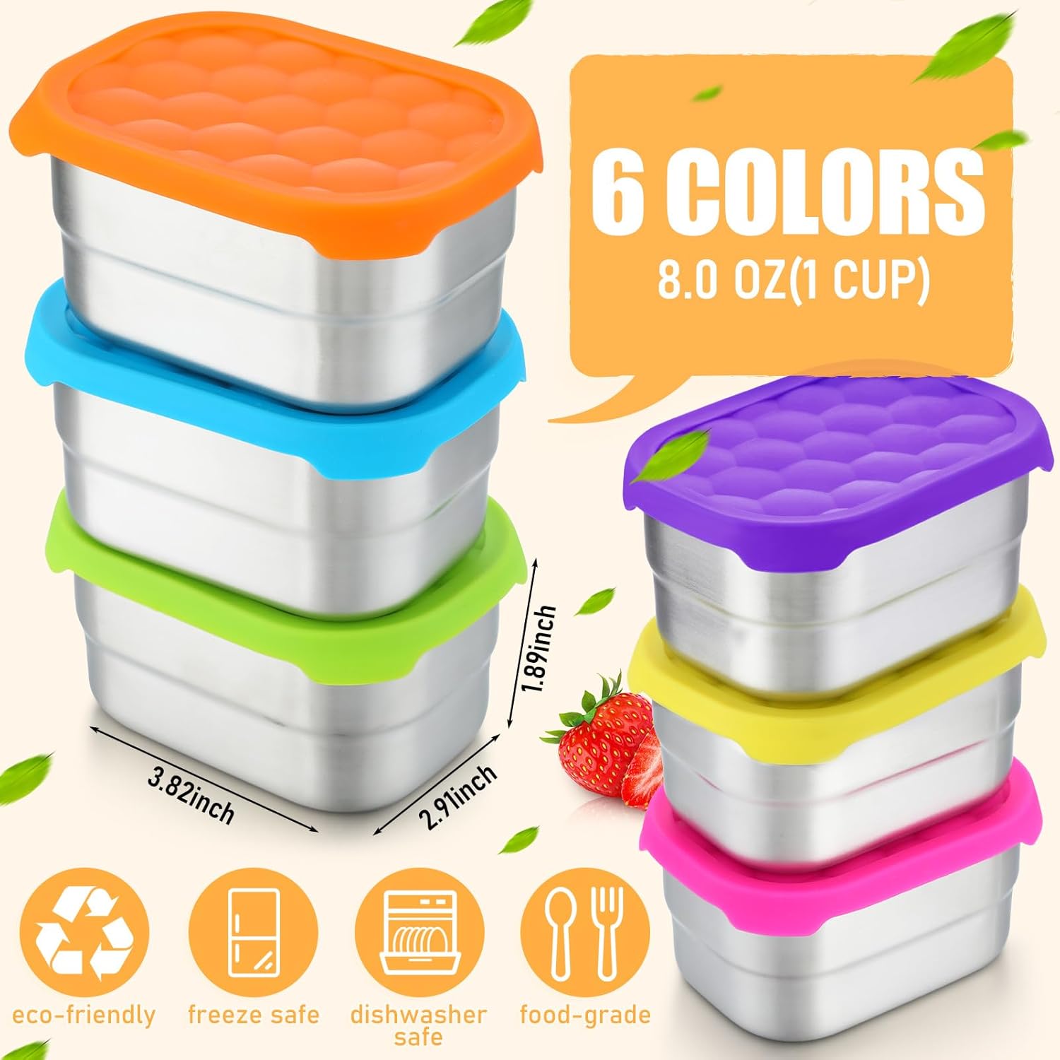 Layhit 6 Pcs Stainless Steel Snack Containers for Kids, 8 oz Lunch Containers with Silicone Lids Small Reusable Metal Food Box for Child Daycare School Home Storage Supplies(Vivid Color) - Image 2