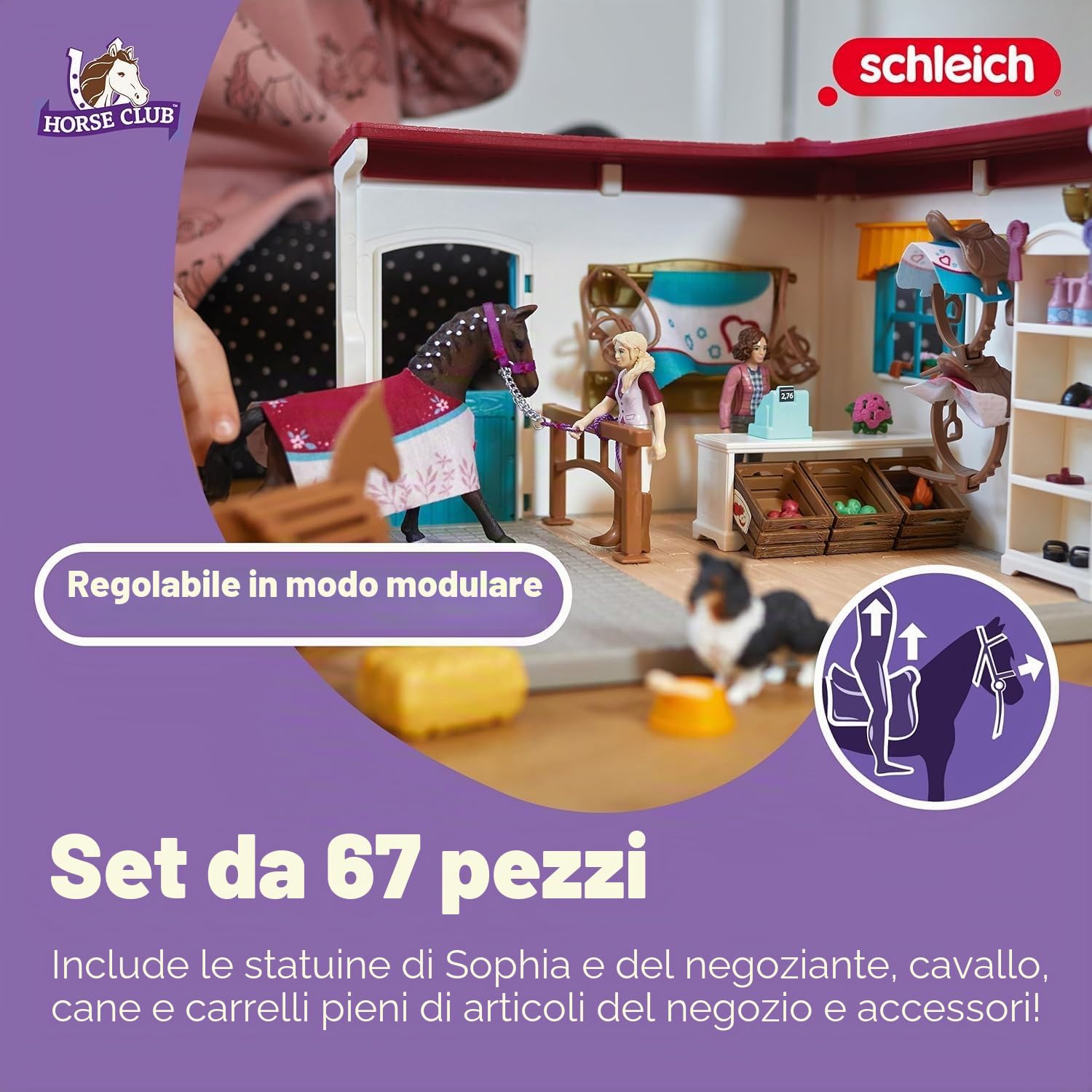 Schleich Horse Club | Negozio per cavallerizzi 42568 | 67 Pezzi | Set da gioco dai 6 anni | set con personaggi, numerose funzioni e tanti accessori | giocattolo cavallo realistico