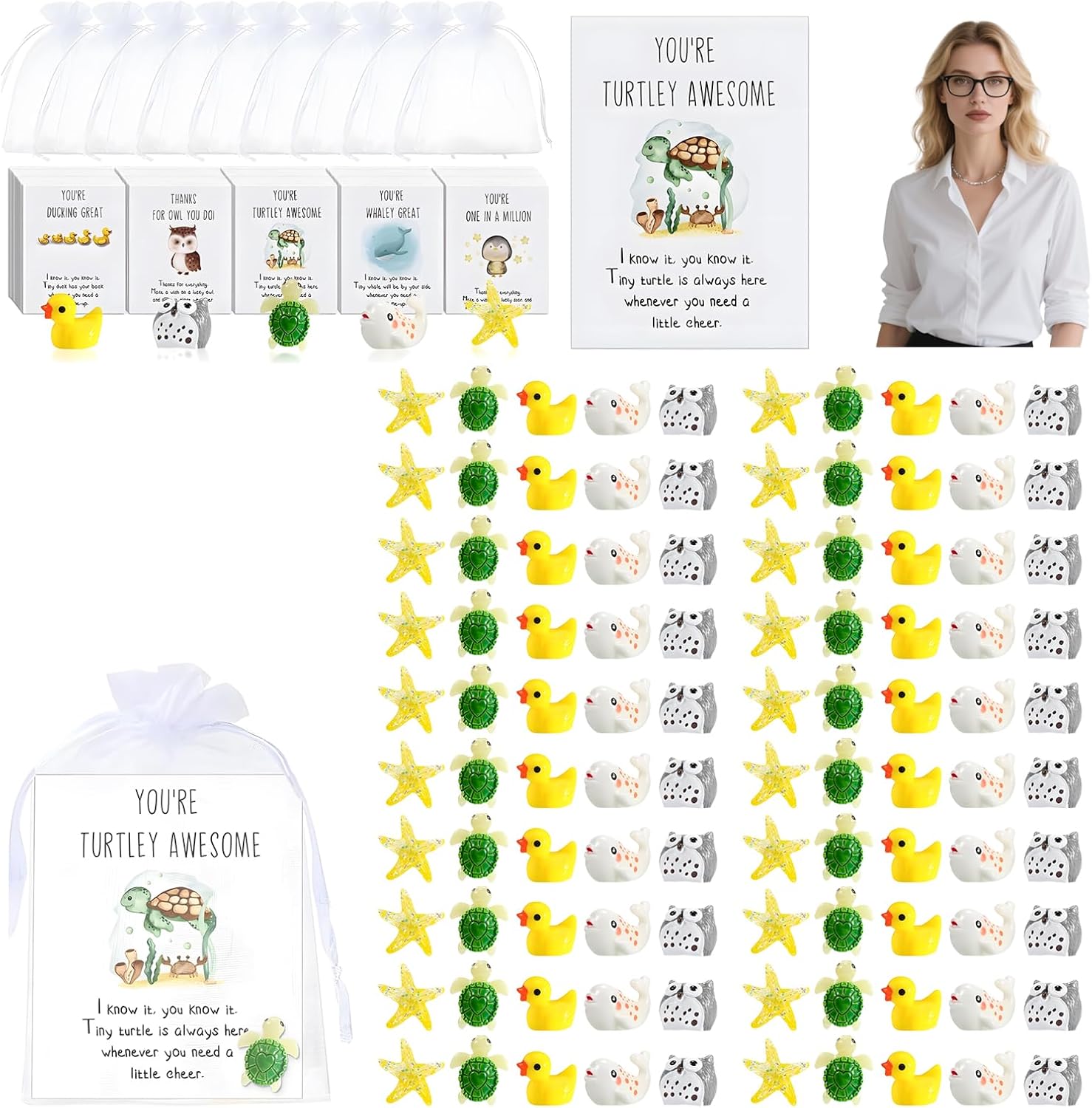 BINGONE 50 Set Employee Appreciation Gifts, Funny Resin Animals with Thank You Cards, Funny Thank You Cards, Teacher Appreciation Cards with Envelopes, Cute Thank You Notes for Kids Student (100 PCS)