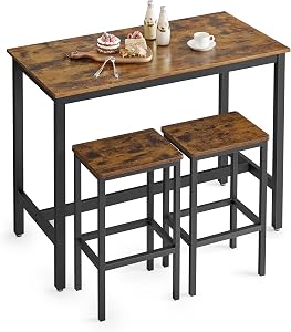 VASAGLE Table Set, Counter with Bar Chairs, Industrial for Kitchen, Living, Rustic Brown ULBT15X