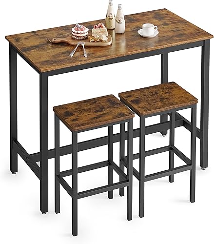 VASAGLE Juego de mesa y sillas de bar, mesa rectangular con 2 taburetes, juego de pub de comedor para 2, ahorro de espacio para desayuno de cocina,