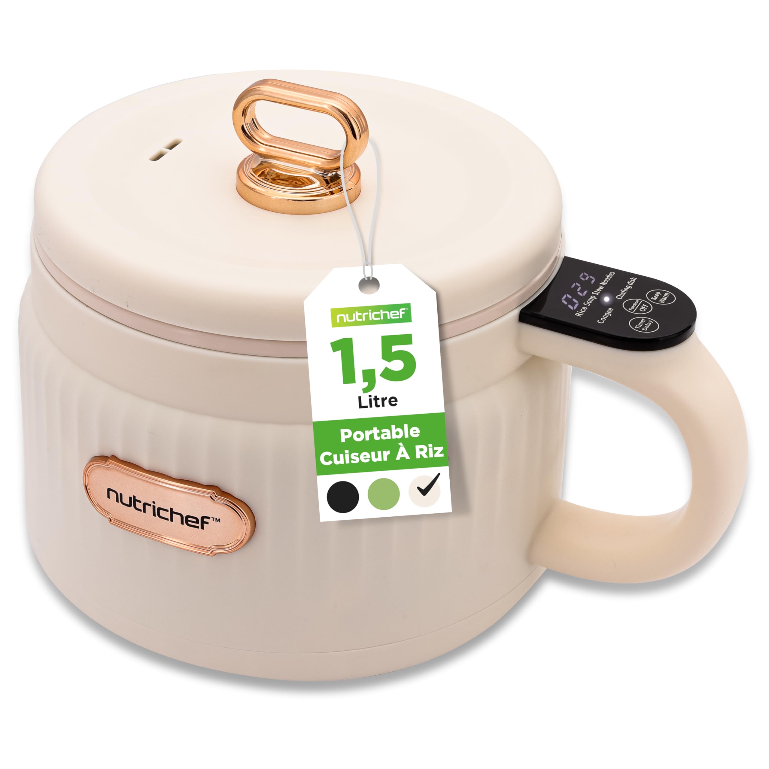 NutriChef Cuiseur à Riz Électrique Portable 1,5 L (6 Tasses) – Multicuiseur à Revêtement Céramique, Écran Numérique et 6 Programmes, Blanc.