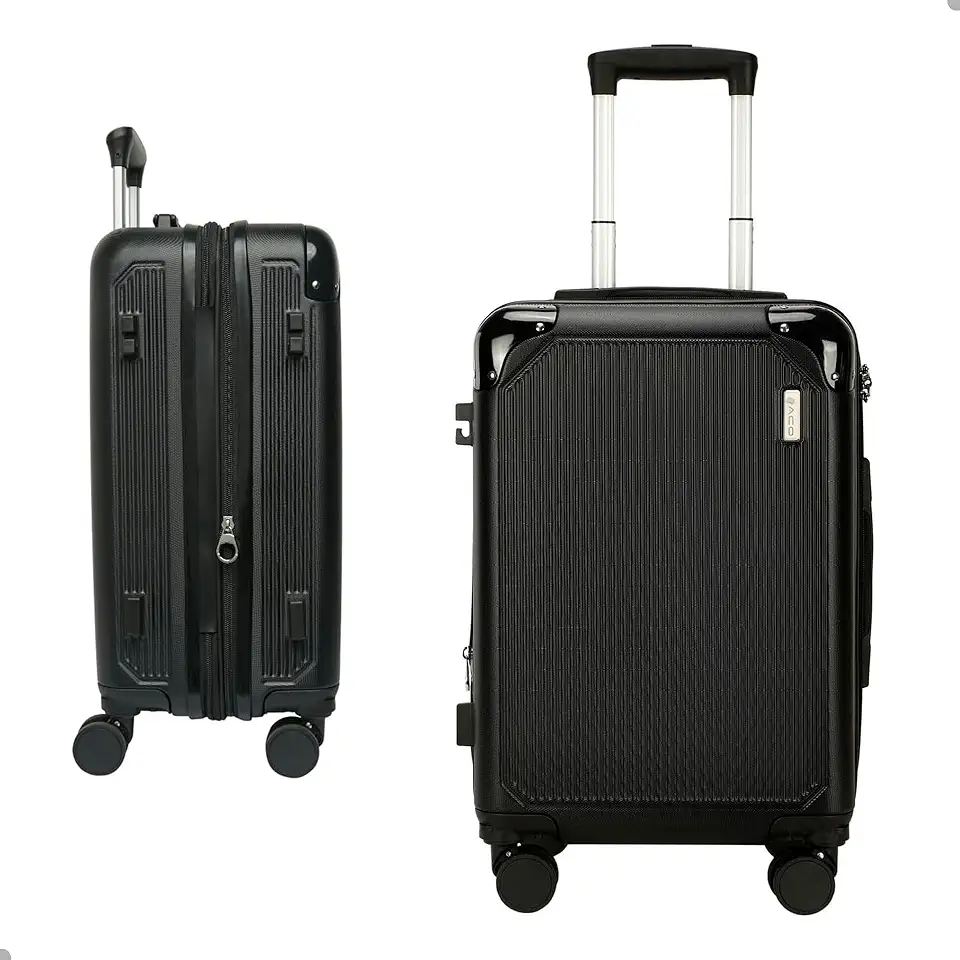 Mala de Bordo 10 kg Rígida com Rodinhas 360°, Cadeado TSA, Expansível e Reforçada – Bagagem de Mão para Viagem, Avião e Feriado | Compartimentos Internos e Cinta Organizadora (Preta)