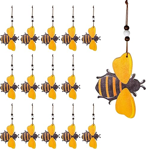 Miniatura 8 de Anxingo 15 piezas de adornos de abejorro de madera, linda abeja de miel, decoración colgante de abeja de madera, decoración de arte para el día de