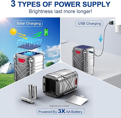 Miniatura 2 de LETMY Paquete de 4 linternas de campamento, linternas LED recargables, faroles solares con batería para huracanes con 3 vías de alimentación y cable