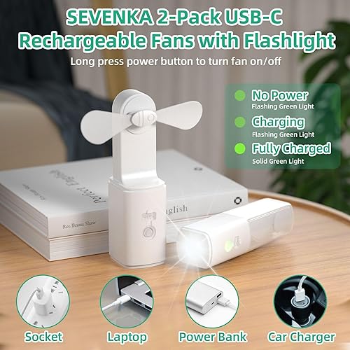 Miniatura 4 de SEVENKA 2 ventiladores recargables con luz, mini ventilador de mano 2 en 1 y luz, ventiladores de mano recargables USB-C de bolsillo, ventiladores