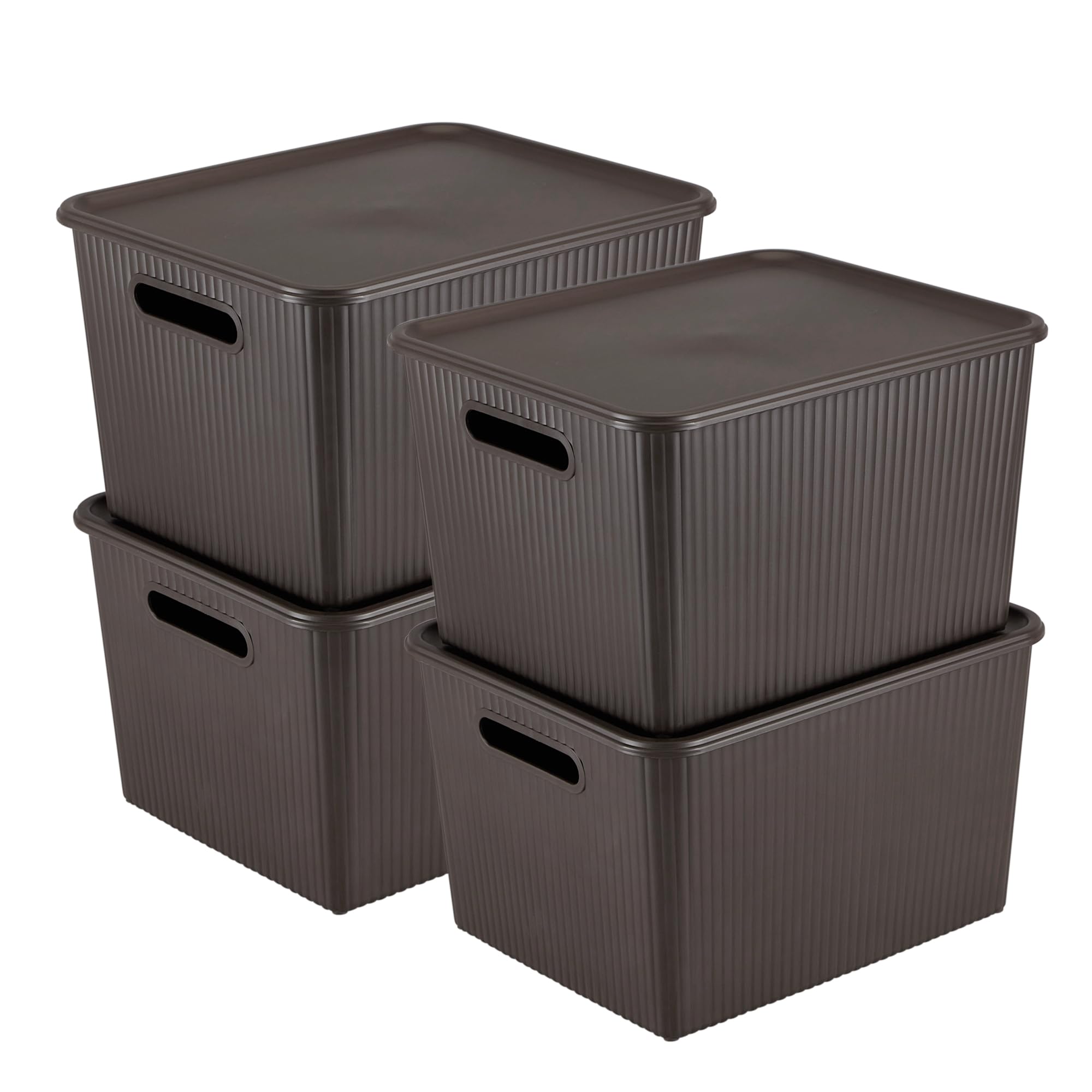 Kolorr Ribbed Baskets Large Pack of 4 With 4 Standard Lid (Non-Airtight Loose-Fit Cover) Multipurpose Plastic Storage Baskets For Cloths Toys Wardrobe Home Kitchen & Livingroom I Dark Brown-image-36