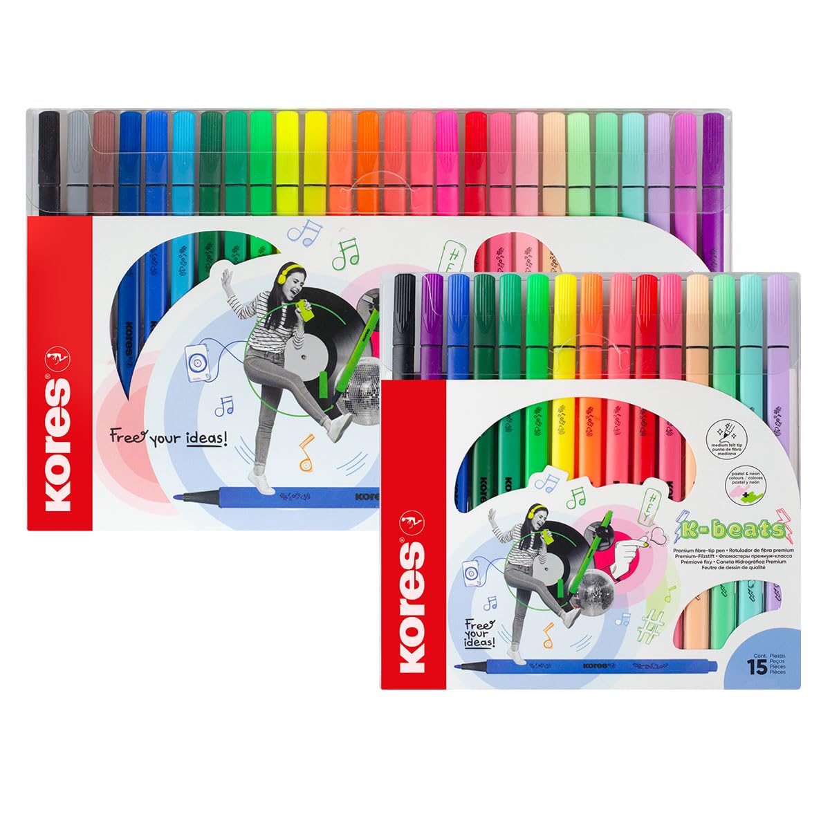 Kores K-Beats Premium flamastry z końcówką filcową – pisaki z końcówką z włókna do szkicowania, kolorowania i pisania, unikalne, żywe kolory, w zestawie neonowe i pastelowe, przybory szkolne, 26 sztuk