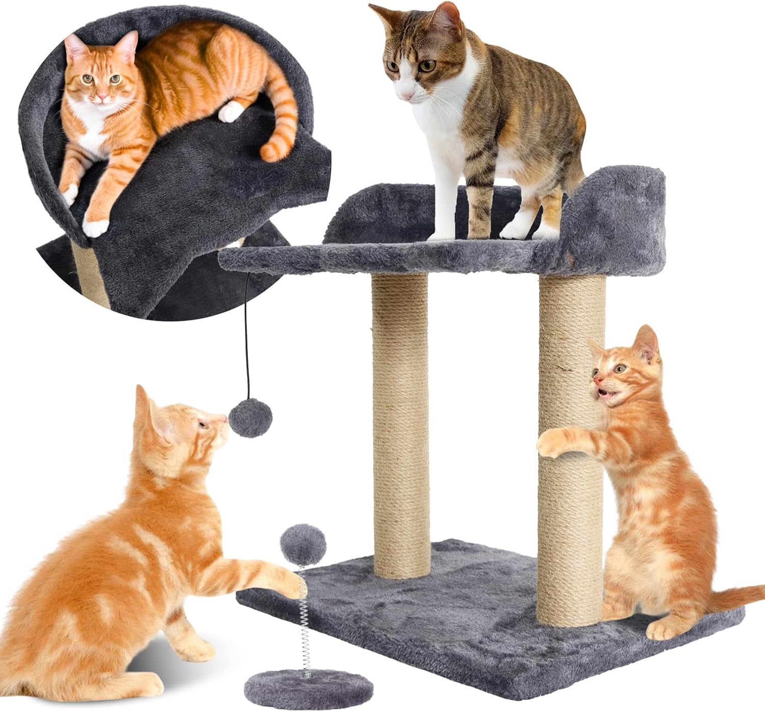 PowerKing Cat Scratching Post for Indoor Cats, Small Cat Scratcher, Featuring Super Cat-Shape Cozy Perch, 2 Sisal Scratch Posts, Interactive Dangling Ball Great for Kittens and Cats (Dark Grey)