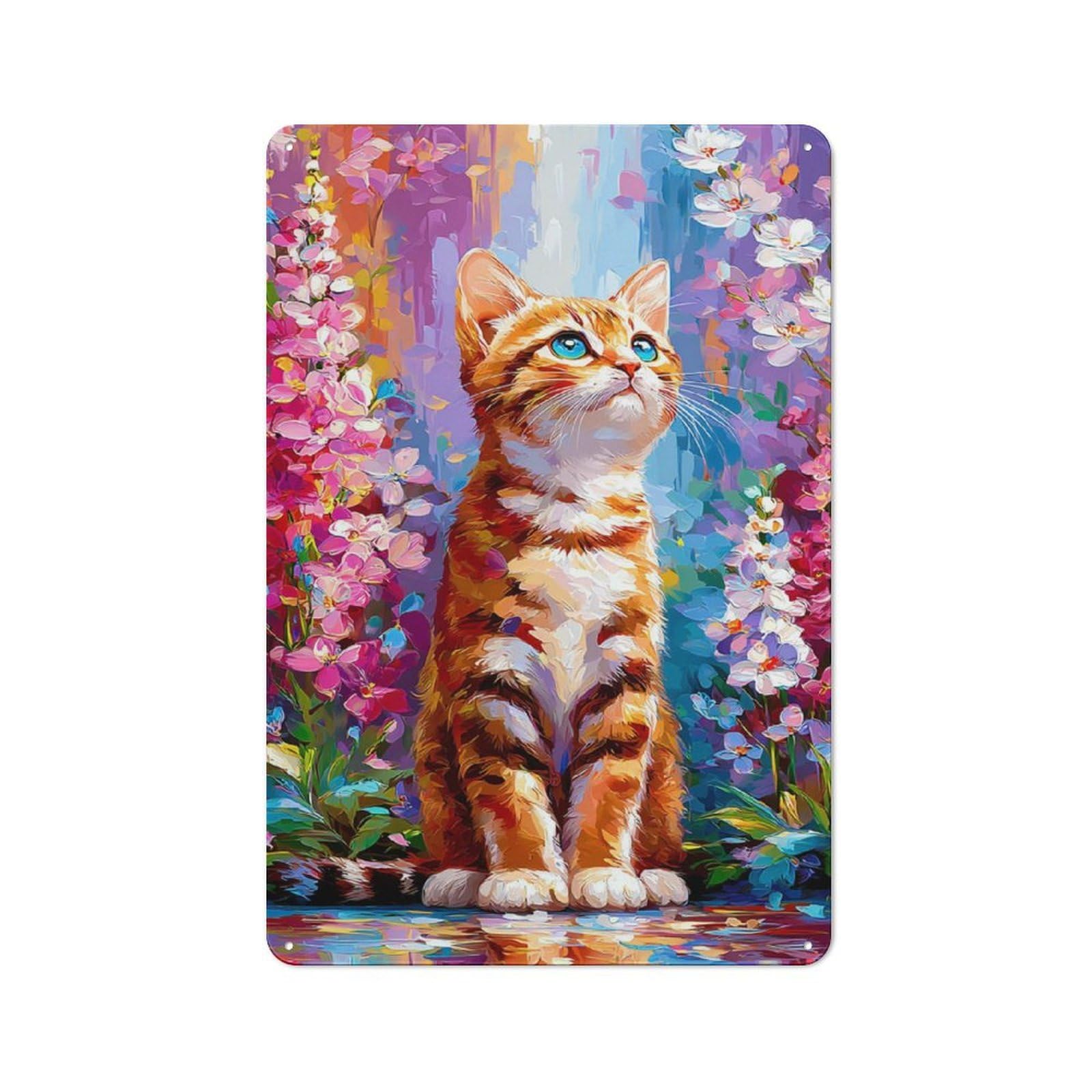 Junmoney Kitty In Bloom Retro Tin Wall Plaque 30X20cm For Kitchen Or Home Bar, For Home Interiors, Feature Walls And Decorative Displays