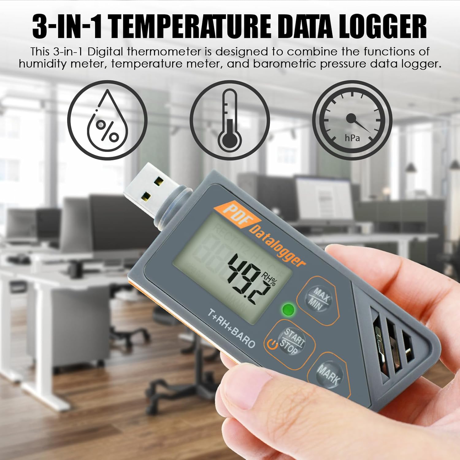 USB Temperature Logger Humidity Data Logger Barometric Recorder with Generate PDF and CSV Reports High Accuracy Cold Chain Storage IP65 Waterproof Compatible Windows XP, 7, 8, 10, 11