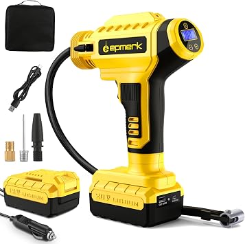 Tire Inflator Cordless Air Pump with Pressure Gauge, 150 PSI, 20V 10000mAh Rechargeable Battery, 12V DC 3M Car Charger Base