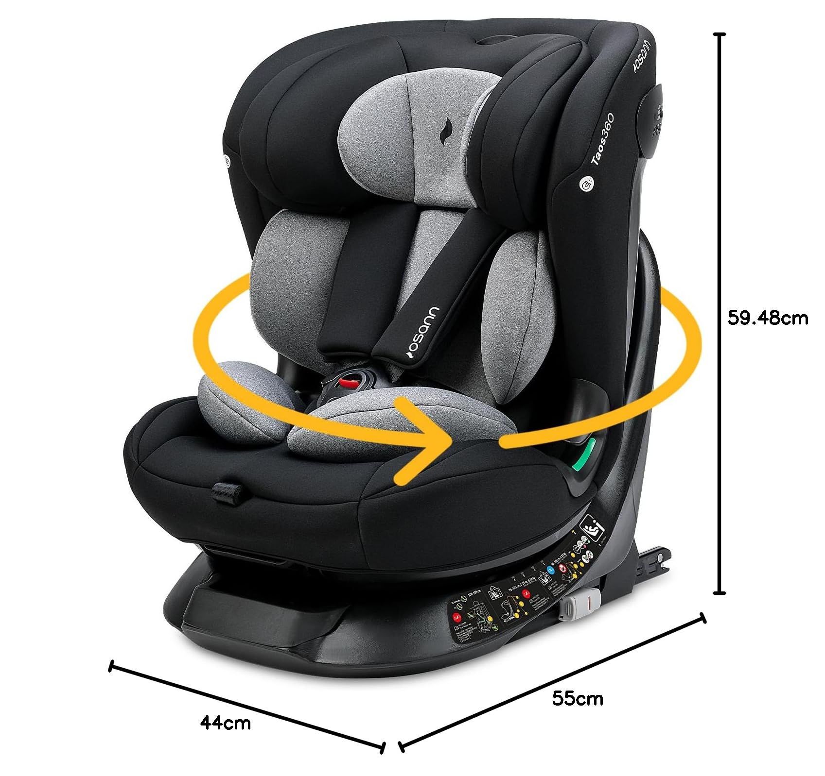 OSANN - Fotelik samochodowy dla niemowląt/dzieci Taos360 Obrotowy 360° Isofix i Top-Tether - 40-150 cm - 0 do 12 lat - Grupa 1/2/3 - Szary, 11 Wysokości, Tyłem/Przodem do kierunku jazdy