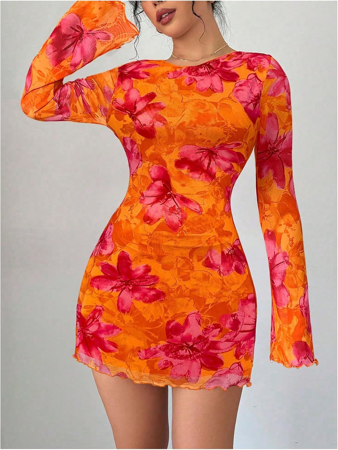 OYOANGLE Women's Floral Print Bell Long Sleeve Short Dress Tie Backless Lettuce Trim Boho Hawaiian Dresses