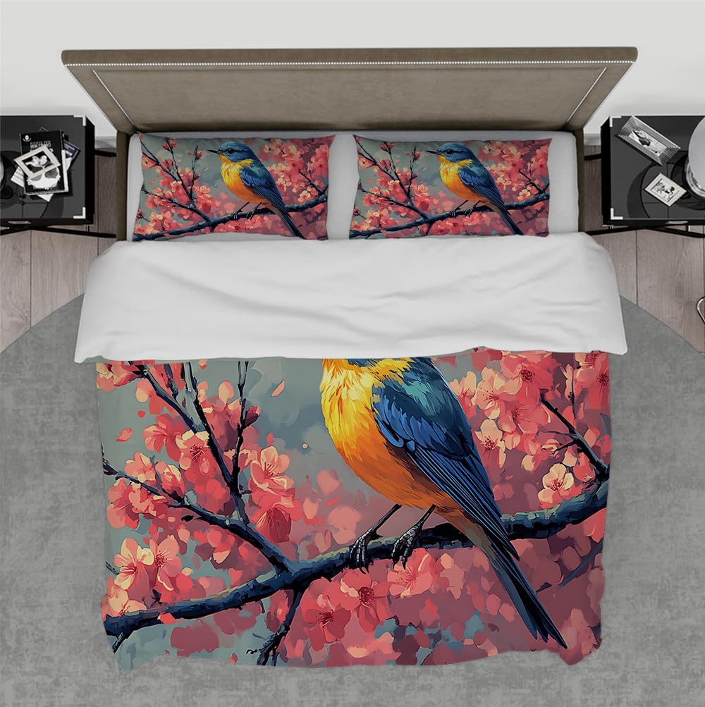 Housse de couette fleurs roses et oiseaux 260x240 cm avec 2 taies