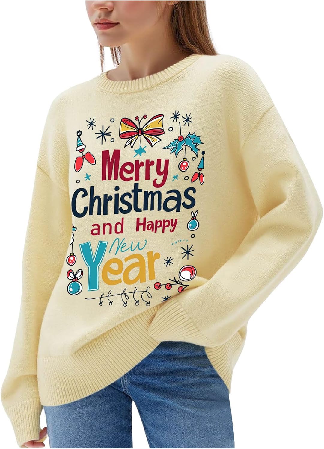Women's Ugly Christmas Sweaters Long Sleeve Crewneck Rib Knit Pullover Sweater Fall Winter Lightweight Base Knitwear