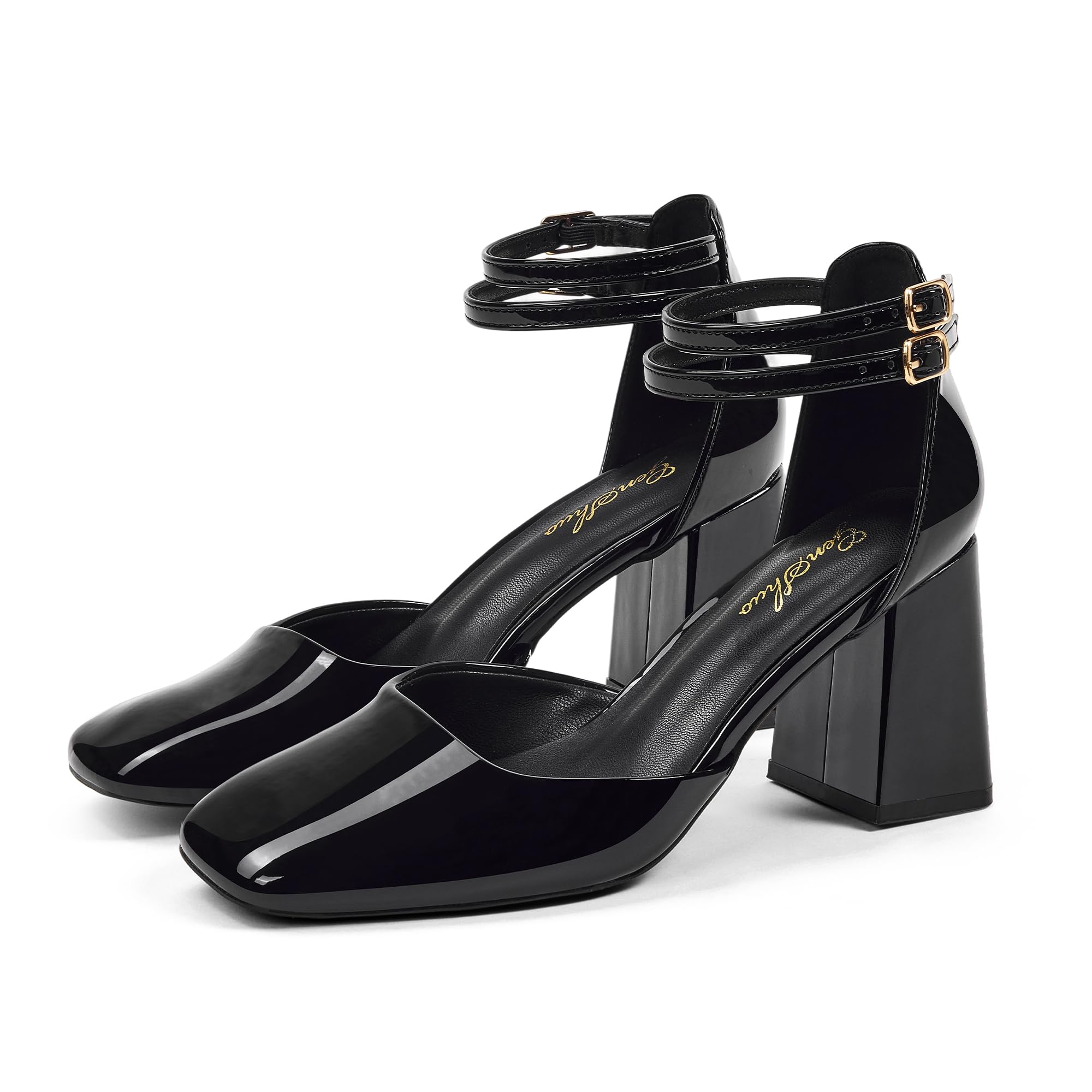 GENSHUO Zapatos de Tacón Grueso para Mujer, Doble Correa al Tobillo, Punta Cuadrada, Tacones Elegantes y Cómodos para Vestimenta Formal