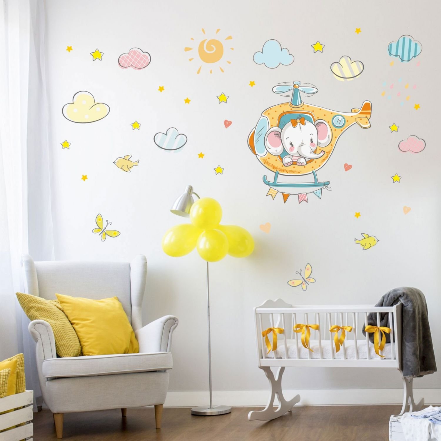 nikima 028 - Adesivo da parete per cameretta dei bambini, motivo: elefante su elicottero, disponibile in 6 misure