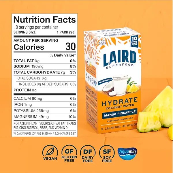 Laird Superfood Pineapple Mango Hydrate Coconut Water 10ct, 0.3 OZ 5