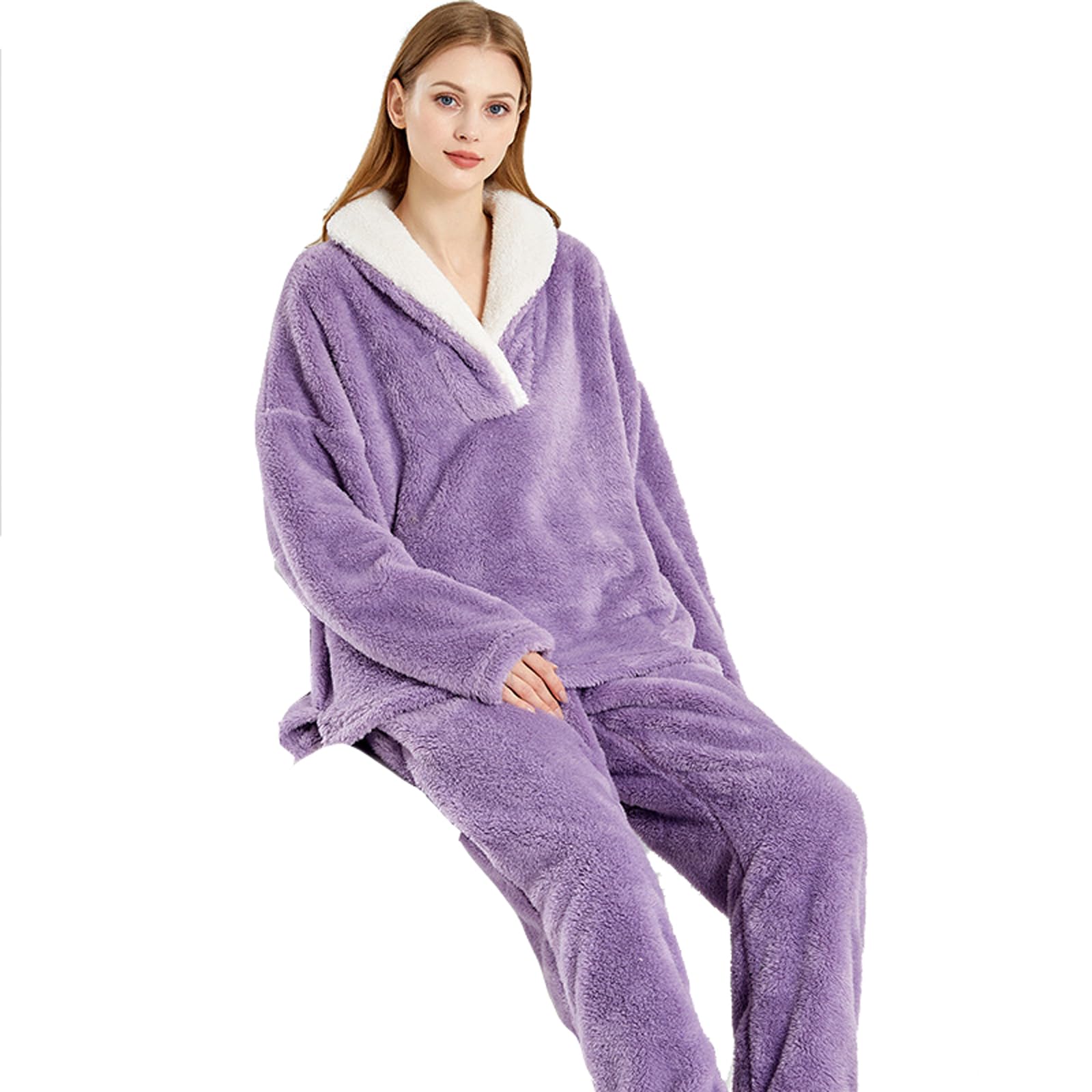 Pyjama chaud en polaire pour femme - 2 pièces - Haut à manches longues et pantalon thermique - Avec poche