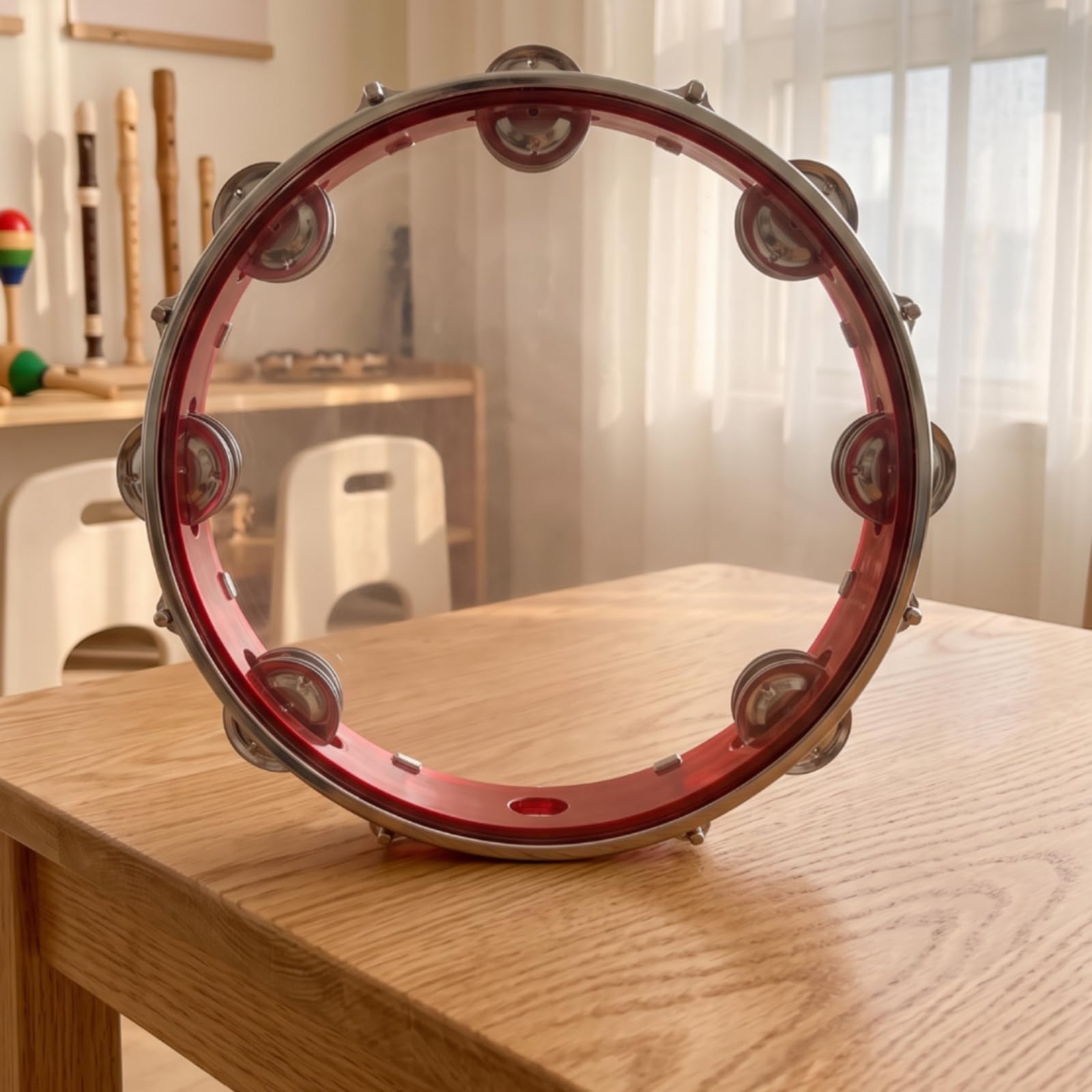 Colcolo Pandereta Infantil Tambor de Mano Percusión con Sonajas Ajustable con Llave Sonajas Metálicas Sonido Brillante y Preciso Adecuada para Educación