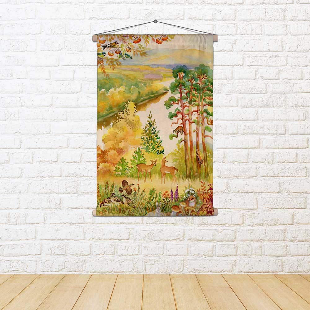 Artzfolio Autumn Landscape With Deer Silk Painting Tapestry Scroll Art Hanging 18 X 26Inch