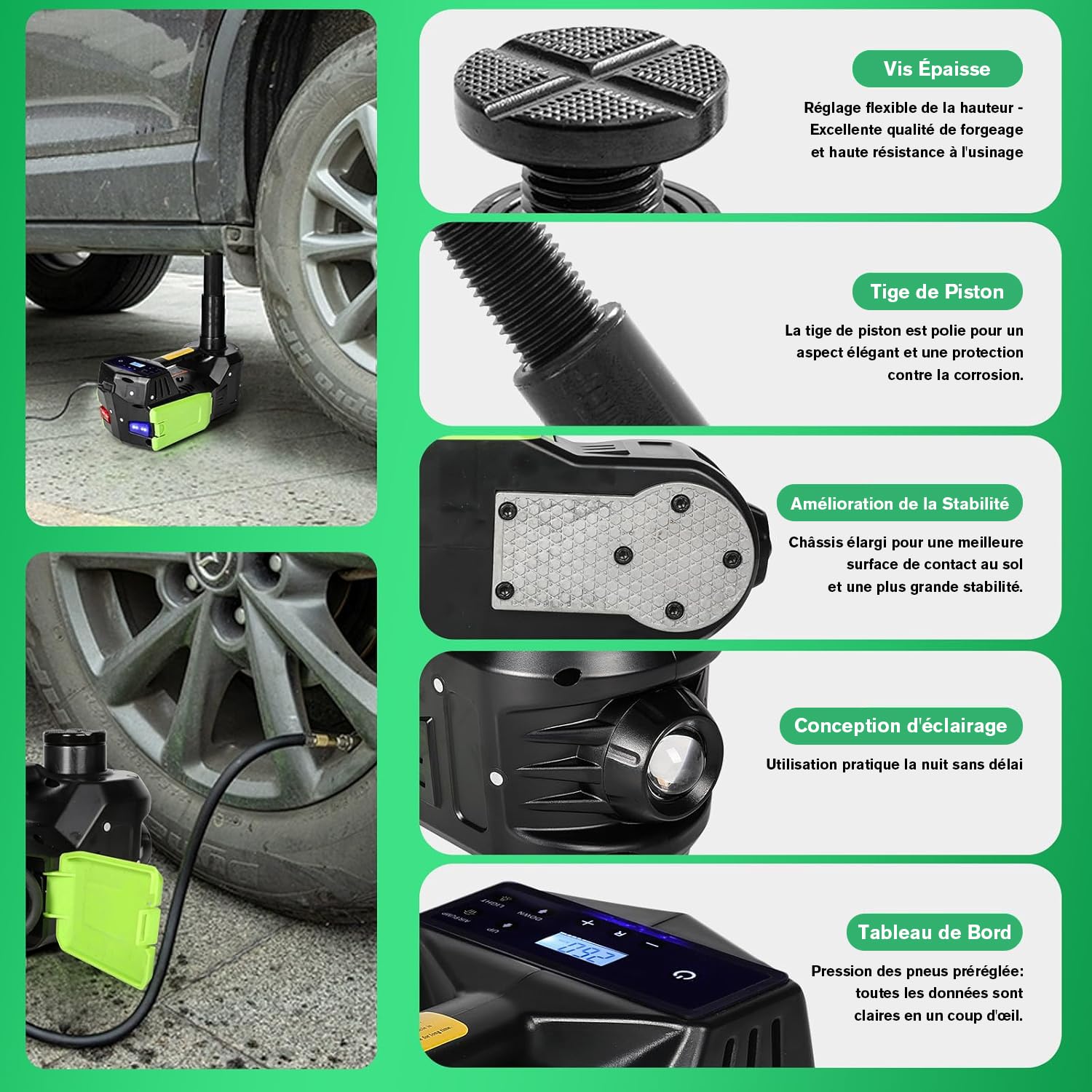 VOBOR Cric Électrique Voiture 5T, 4 in 1 Cric Hydraulique 12V avec Écran LCD et Pompe de Gonflage des Pneus, 150-450mm Leve pour Voiture Pickup Changement de Pneu Garage Réparation