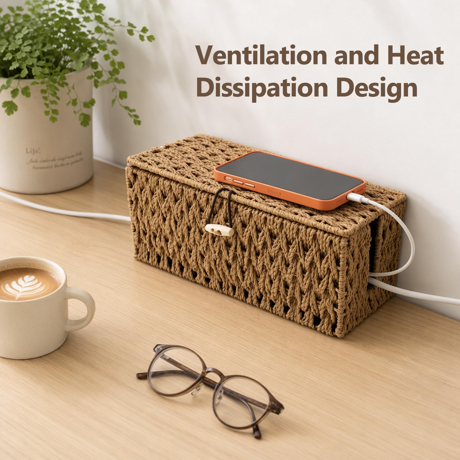 2 Stück Kabelbox Handgefertigte Wasserhyazinthe, Kabelmanagementbox mit Bambusdeckel, Kabelaufbewahrung mit Seitlicher Öffnung für Büro Arbeitszimmer und Haus, Naturfarben