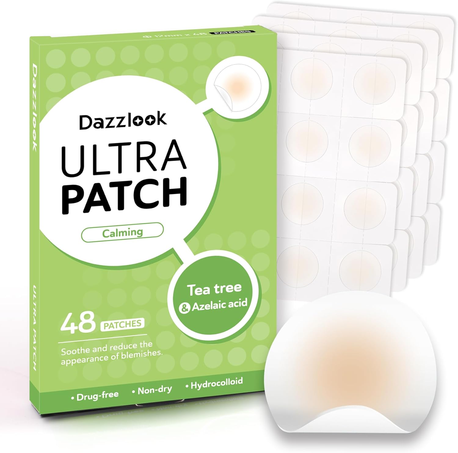 Dazzlook Ultra Pimple Patches, Invisible Hydrocolloid Zits Blemishes Absorbing Patch with Tea Tree Oil & Azelaic Acid, Blemish Dots Stickers, 48 Patches Day & Night Use