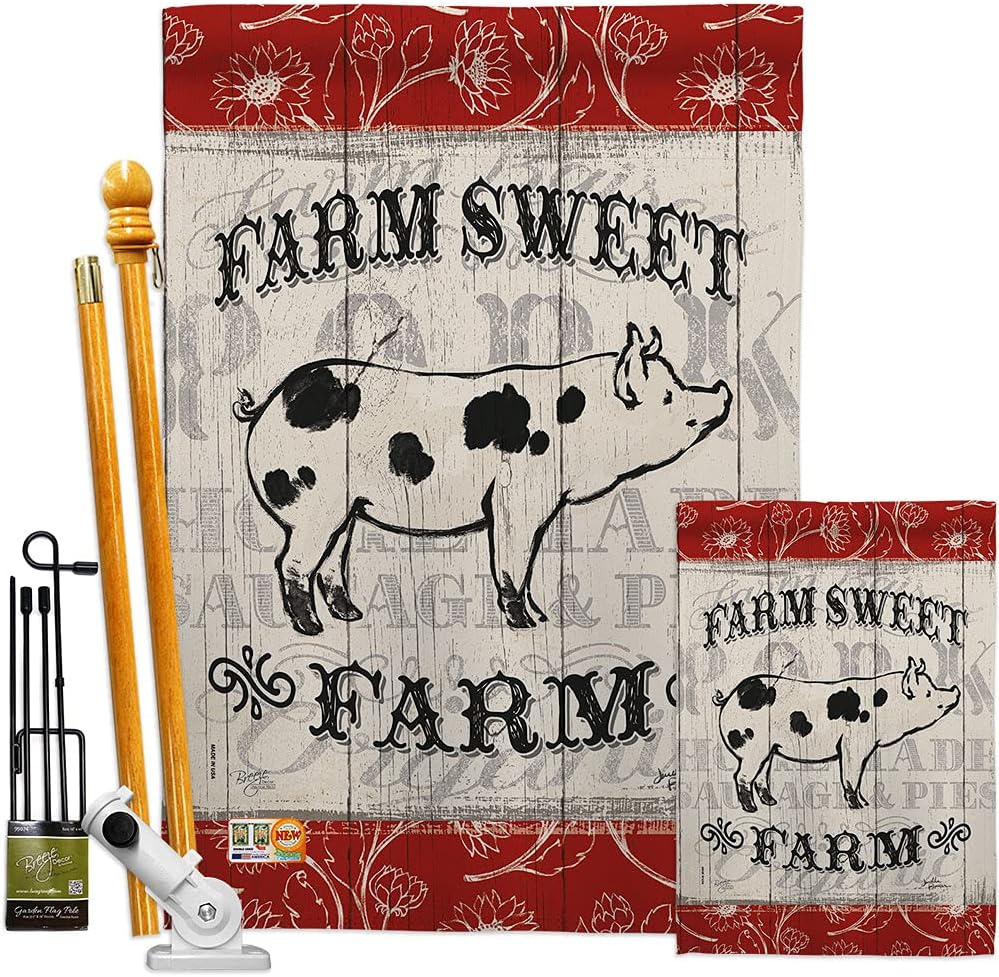 Sweet Farm Pig House Flag Animals Barnyard Animal Cow Horse Rooster Farmhouse Pet Nature Creature Small Decorative Gift Yard Banner Made In USA 28 X 40