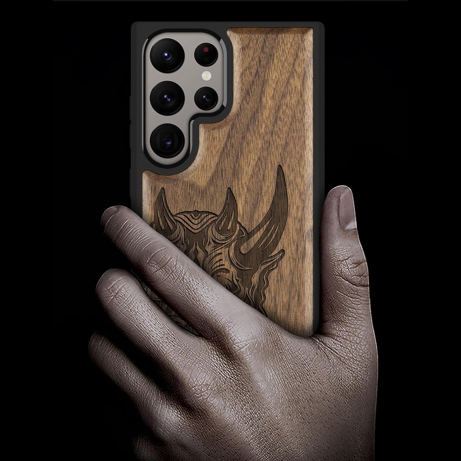 Carveit Wood Case for Galaxy S24 Ultra Case [Natural Wood & Black Soft TPU] Shockproof Protective Cover Unique Wooden Design Compatible with Samsung S24 Ultra (Japanese Oni Mask-Walnut)
