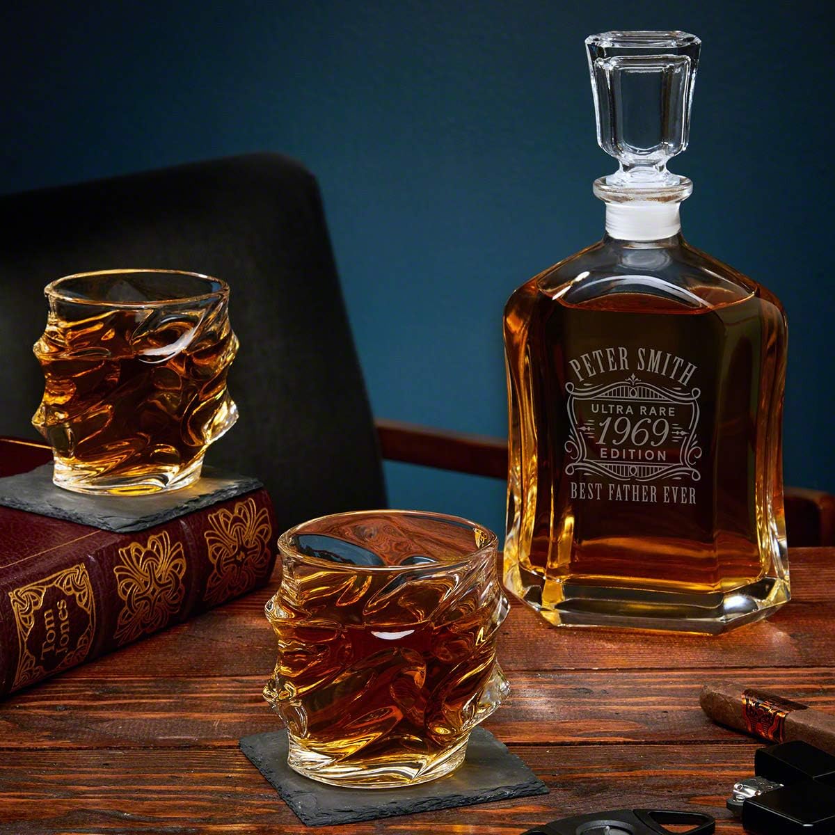 Personalized Liquor Decanter Set with Sculpted Glasses for Whiskey, Bourbon, and Scotch by HomeWetBar - Custom Decanter Set