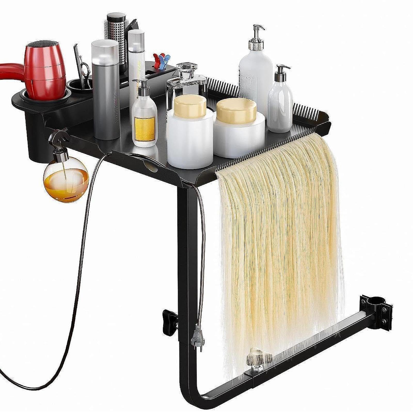 Dynamische Salonausstattung mit drehbarem Ablagefach für effiziente Haarstyling Sitzungen. Das Ablagefach ist speziell für den Einsatz in