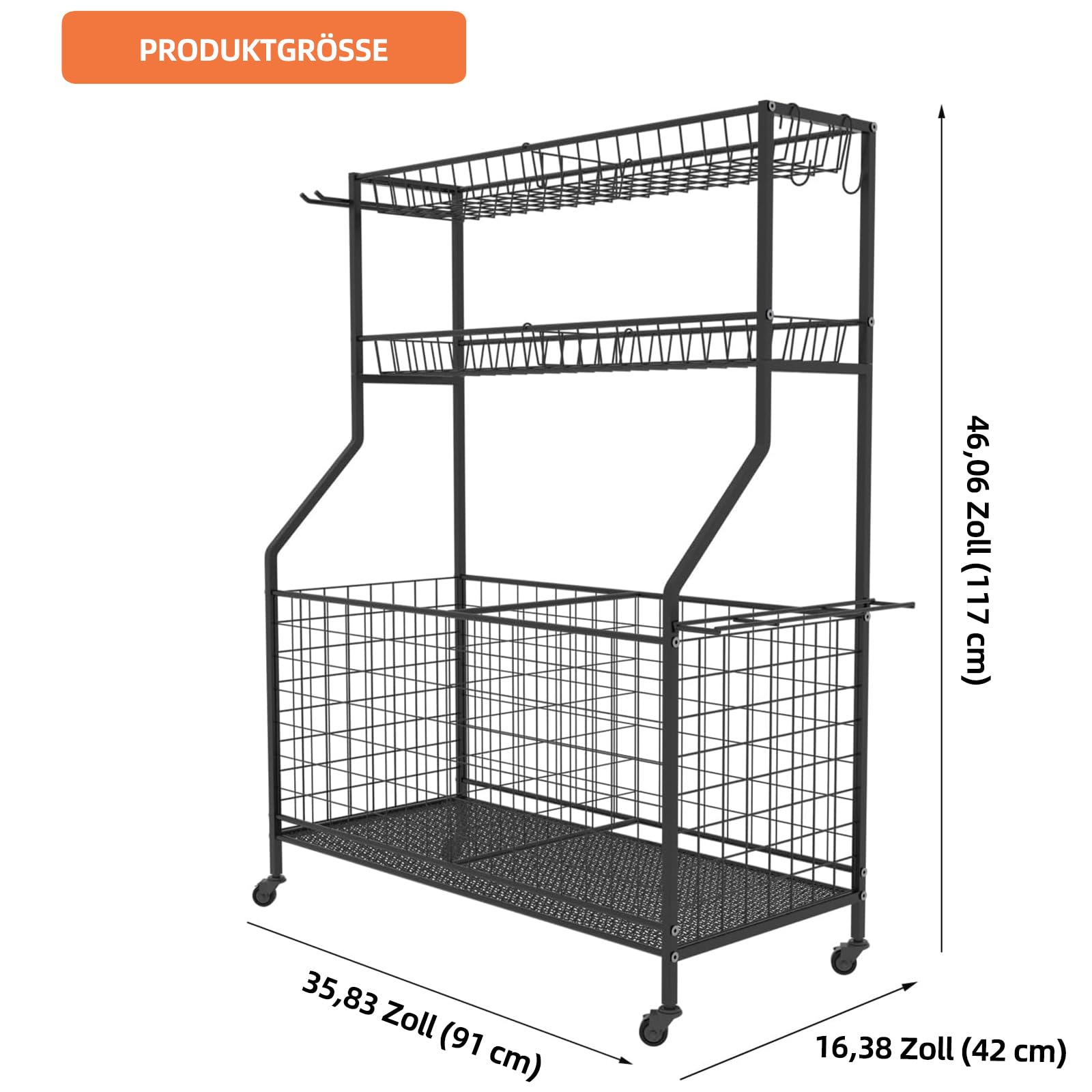 Sportgerätelagerregal aus Kohlenstoffstahl – 2 Körbe, 2 verschließbare Räder – Stabiler Organizer für Homegym, Garage, Schulsportartikel