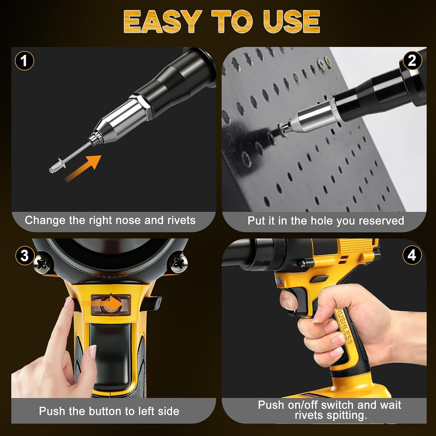 Cordless Rivet Gun Compatible with Dewalt 20V Max Battery, Brushless Motor Rivet Gun Kit for Aluminum Rivets 1/8", 5/32", 3/16"