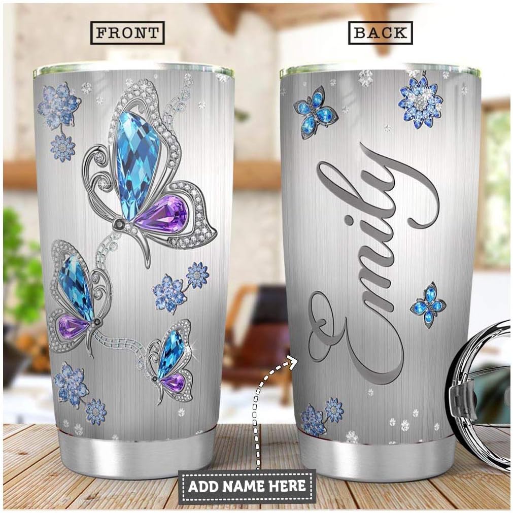 64HYDRO 20oz Butterfly Jewelry Style Personalized Stainless Steel Vacuum Insulated Tumbler, Customized Double Wall Travel Tumbler with Sliding Lid, Thermal Cup