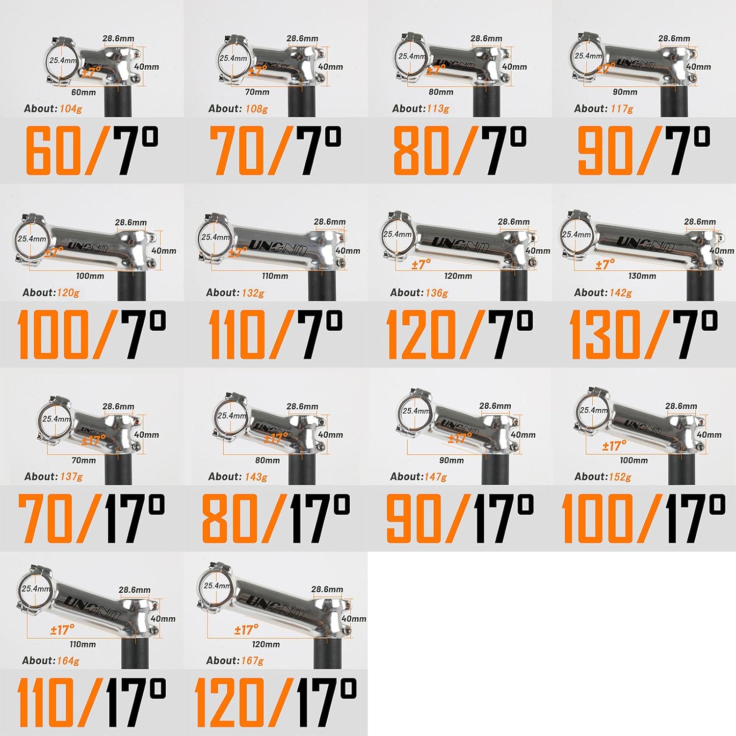 25.4 Bike Stem ±7°/17° 60-130 Aluminum Alloy Lightweight Bikes Stems for Most Bicycle Mountain Bike Road Bike BMX MTB